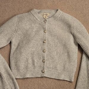 Gray Ribbed Button-Up Sweater